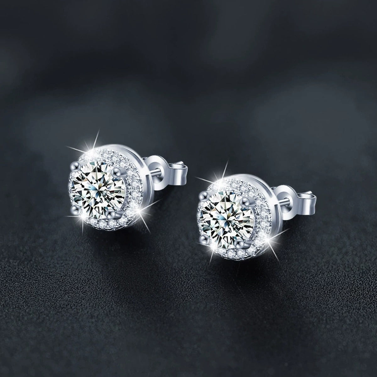 Round Halo Moissanite Stud Earrings with CZ in Gold-Plated S925 sterling silver product scene view showing pair comparison