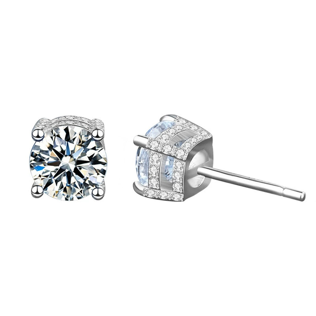 Four-Prong Round Moissanite Solitaire Stud Earrings in White Gold-Plated S925 sterling silver white background product photo showing the pair, stone shape, and stud earrings silhouette