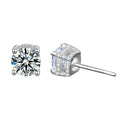 Four-Prong Round Moissanite Solitaire Stud Earrings in White Gold-Plated S925 sterling silver white background product photo showing the pair, stone shape, and stud earrings silhouette