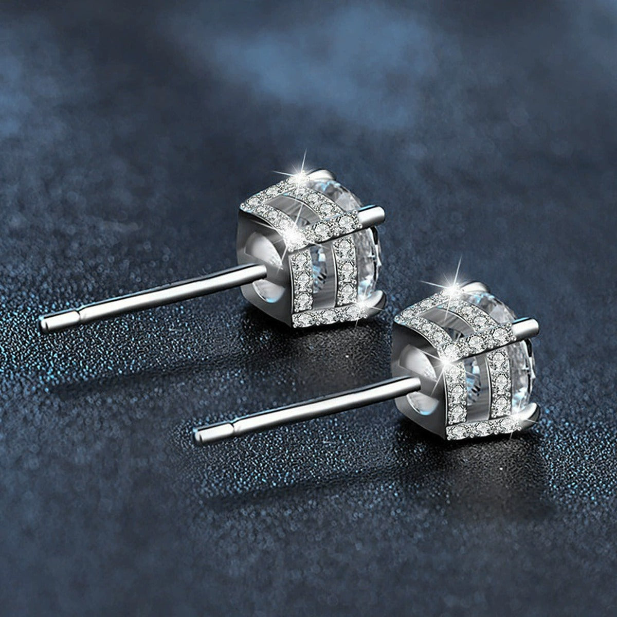Four-Prong Round Moissanite Solitaire Stud Earrings in White Gold-Plated S925 sterling silver product scene view showing side profile