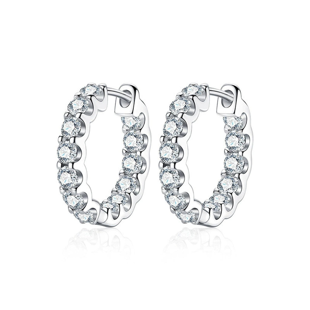 Inside-Out Round Moissanite Hoop Earrings in White Gold-Plated S925 sterling silver white background product photo showing the pair, stone shape, and hoop earrings silhouette
