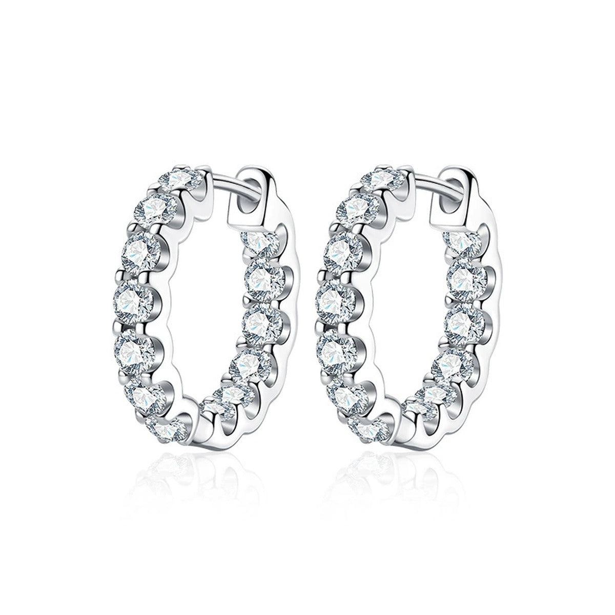 Inside-Out Round Moissanite Hoop Earrings in White Gold-Plated S925 sterling silver white background product photo showing the pair, stone shape, and hoop earrings silhouette