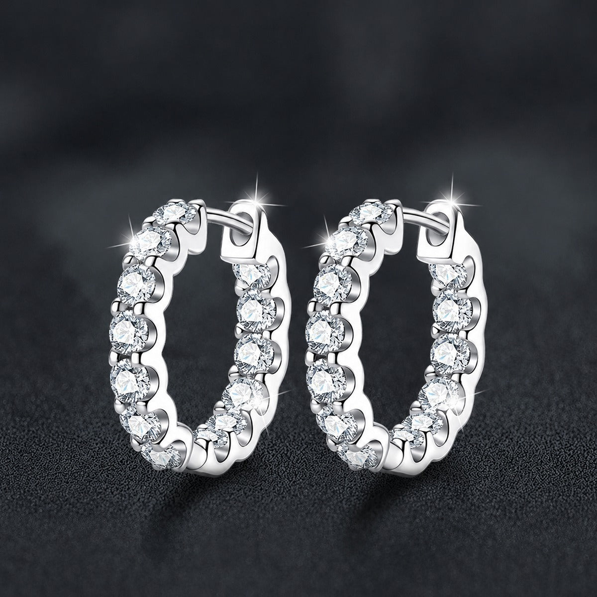 Inside-Out Round Moissanite Hoop Earrings in White Gold-Plated S925 sterling silver product scene view showing front sparkle