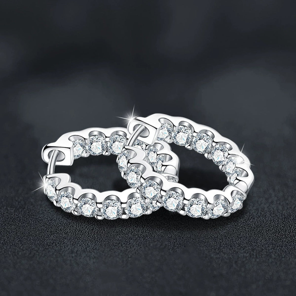 Inside-Out Round Moissanite Hoop Earrings in White Gold-Plated S925 sterling silver product scene view showing angled setting detail
