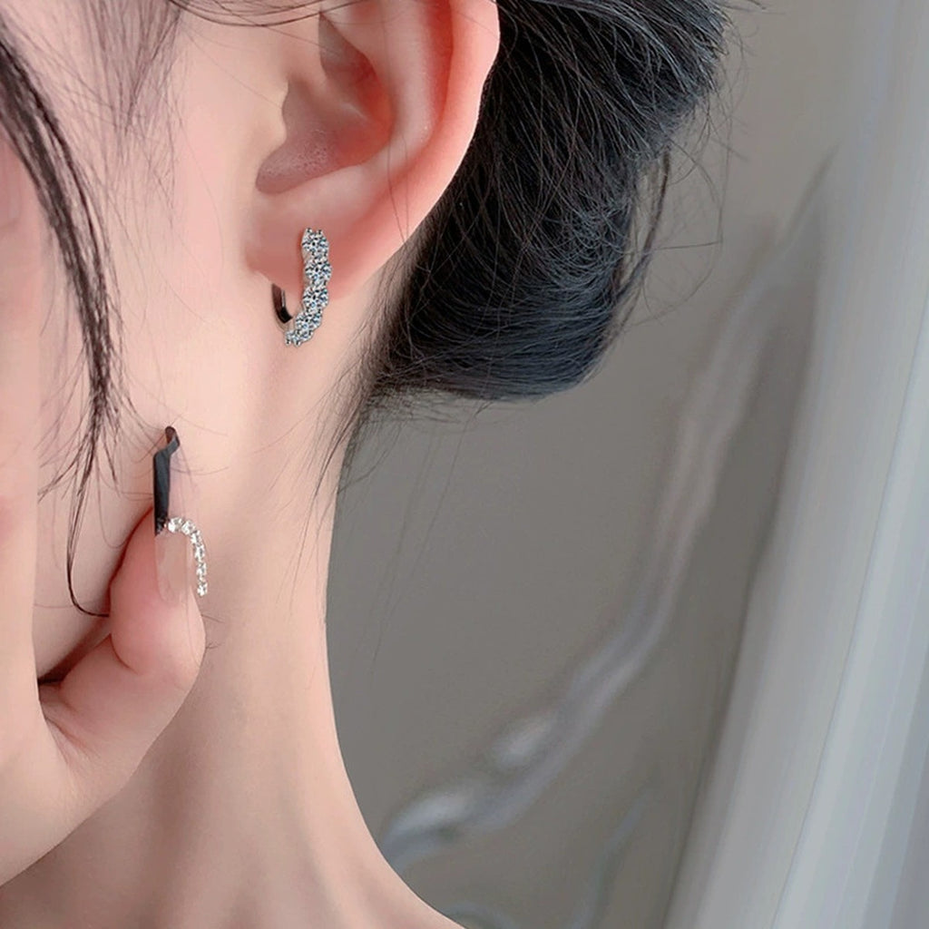 Three-Row Round Moissanite Hoop Earrings in Gold-Plated S925 sterling silver worn on ear by model showing scale, placement, and hoop earrings styling