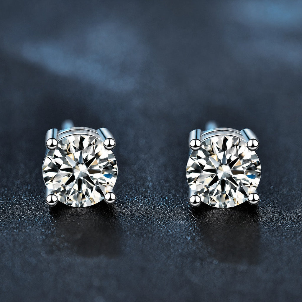 Four-Prong Round Moissanite Stud Earrings in Gold-Plated S925 sterling silver product scene view showing pair comparison