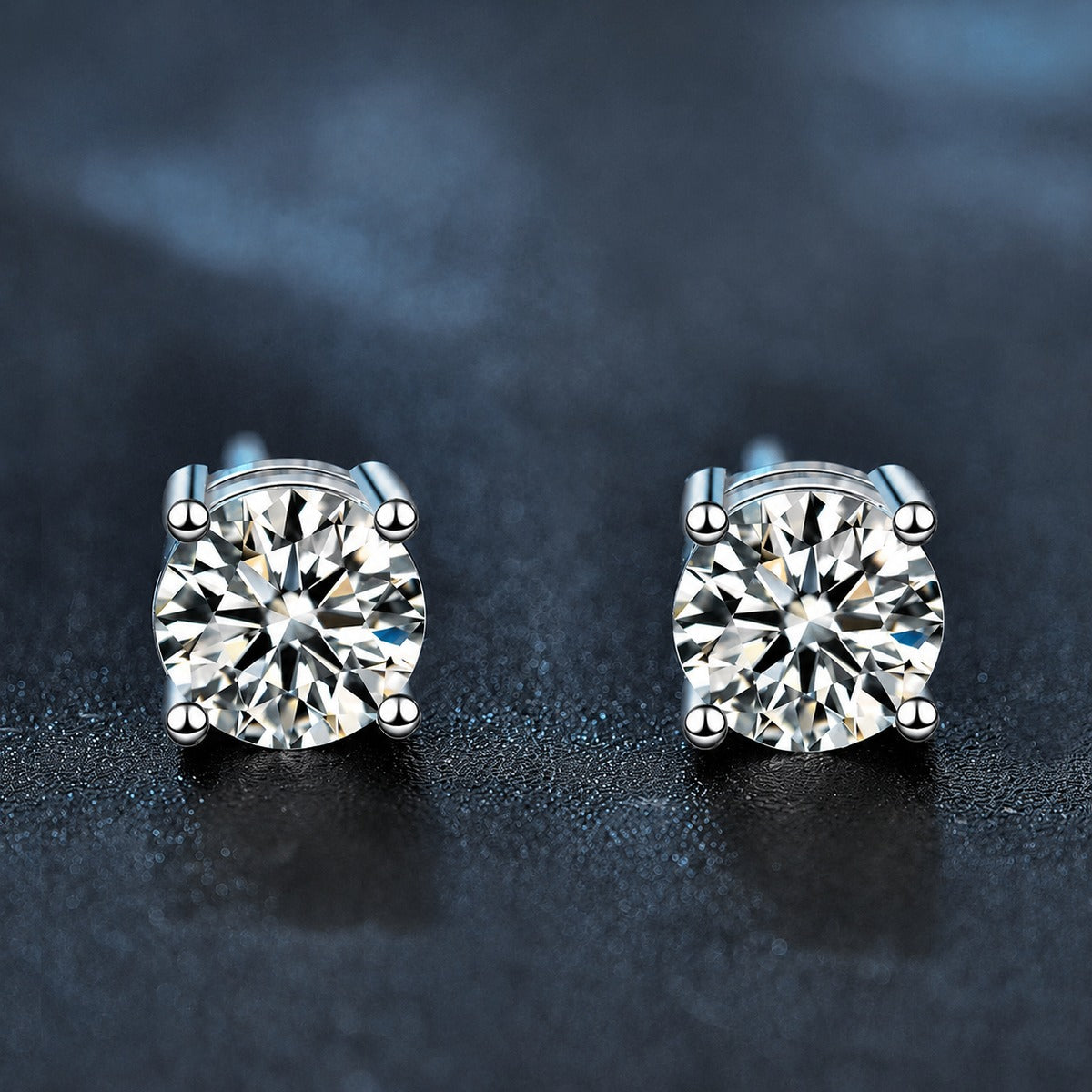 Four-Prong Round Moissanite Stud Earrings in Gold-Plated S925 sterling silver product scene view showing pair comparison