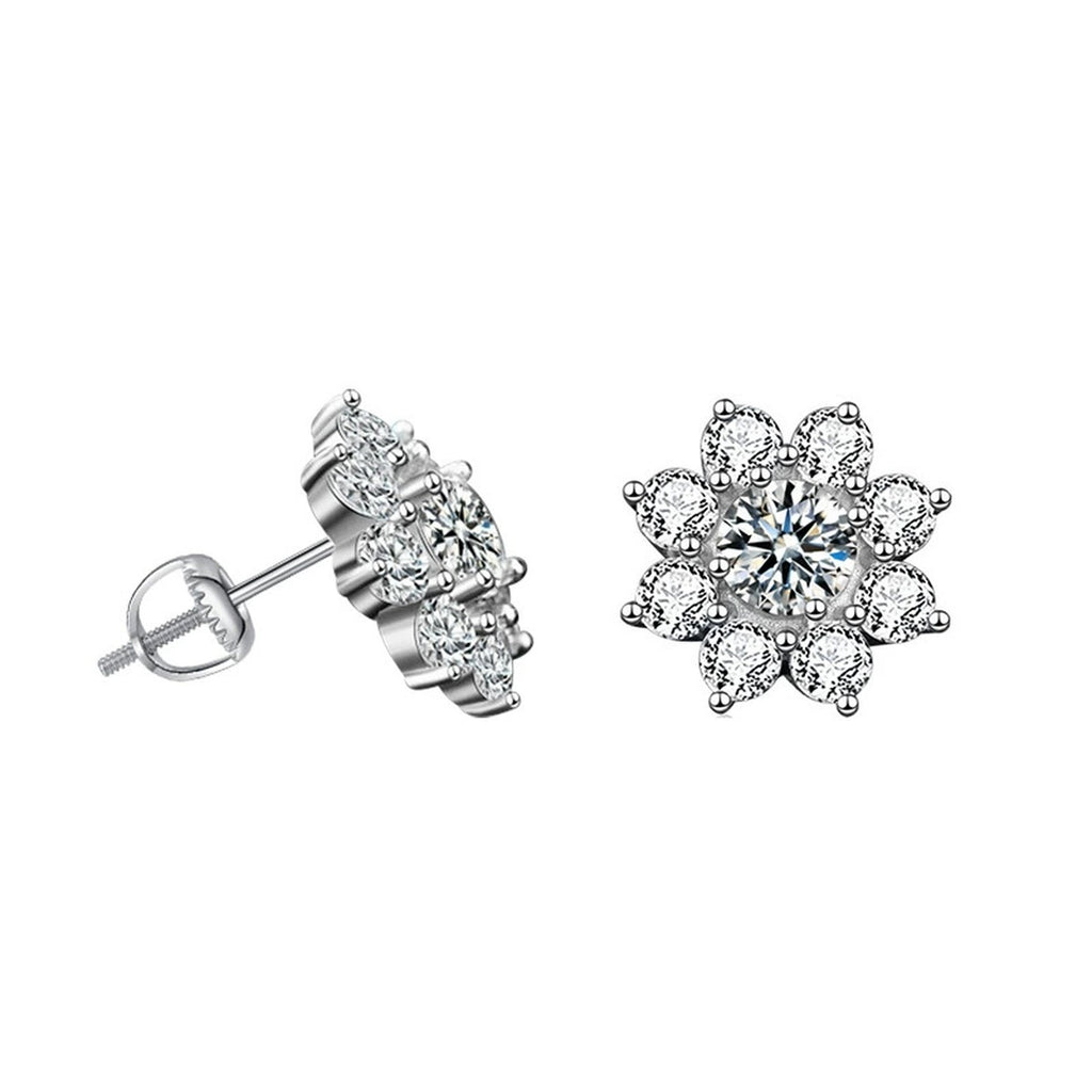 Sunflower Round Moissanite Stud Earrings with CZ in White Gold-Plated S925 sterling silver white background product photo showing the pair, stone shape, and stud earrings silhouette