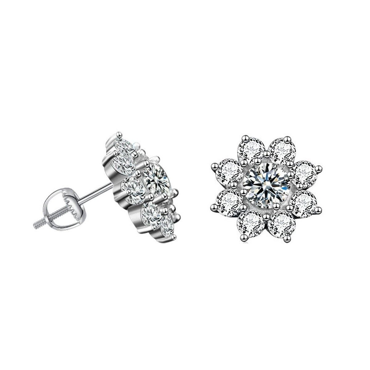 Sunflower Round Moissanite Stud Earrings with CZ in White Gold-Plated S925 sterling silver white background product photo showing the pair, stone shape, and stud earrings silhouette