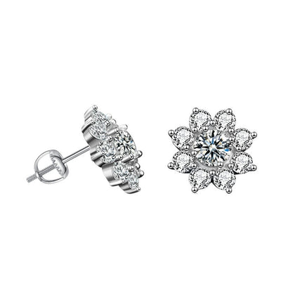 Sunflower Round Moissanite Stud Earrings with CZ in White Gold-Plated S925 sterling silver white background product photo showing the pair, stone shape, and stud earrings silhouette