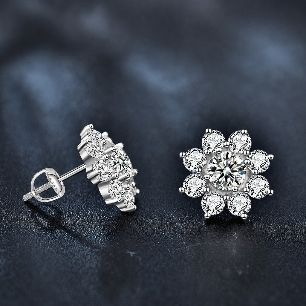 Sunflower Round Moissanite Stud Earrings with CZ in White Gold-Plated S925 sterling silver product scene view showing front sparkle