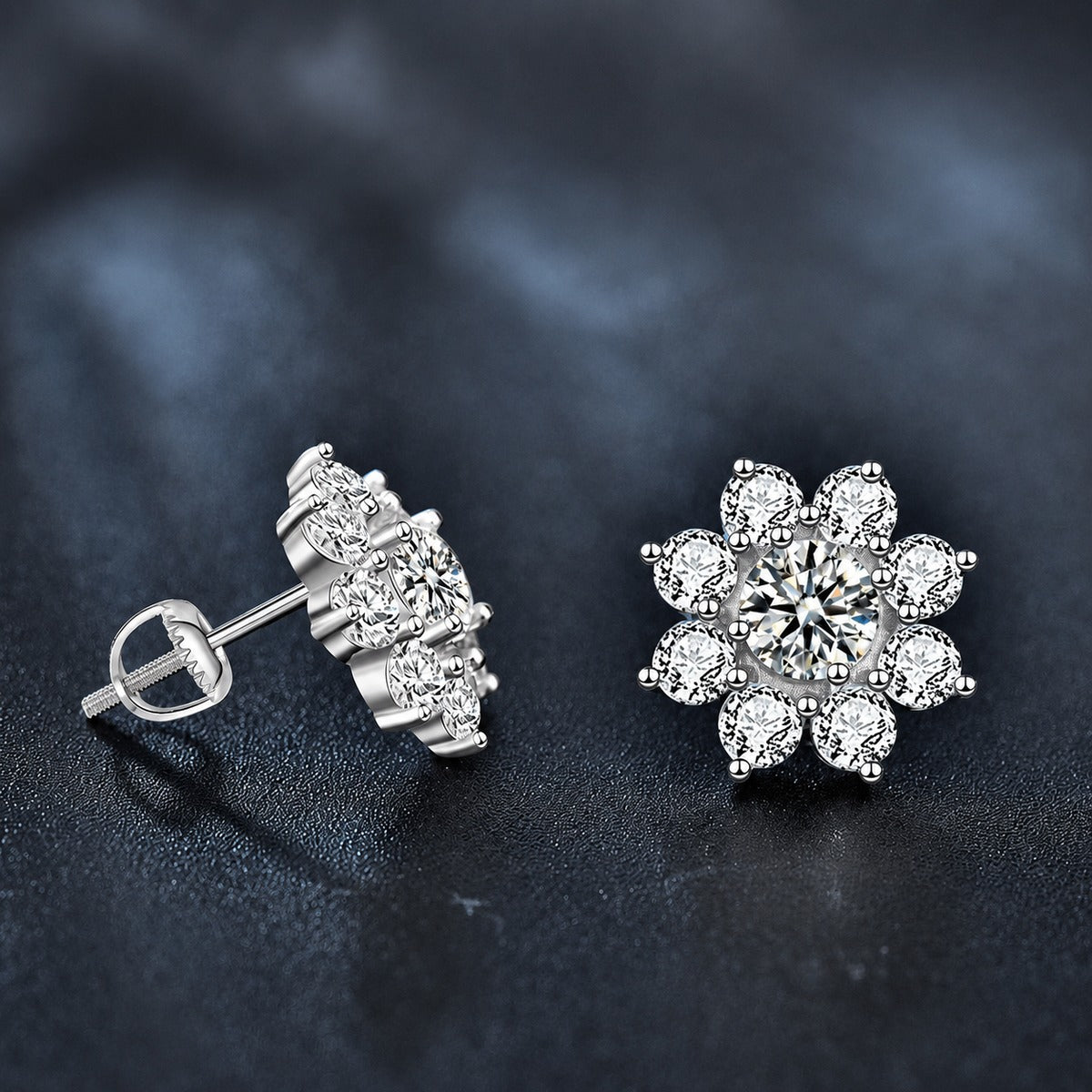 Sunflower Round Moissanite Stud Earrings with CZ in White Gold-Plated S925 sterling silver product scene view showing front sparkle
