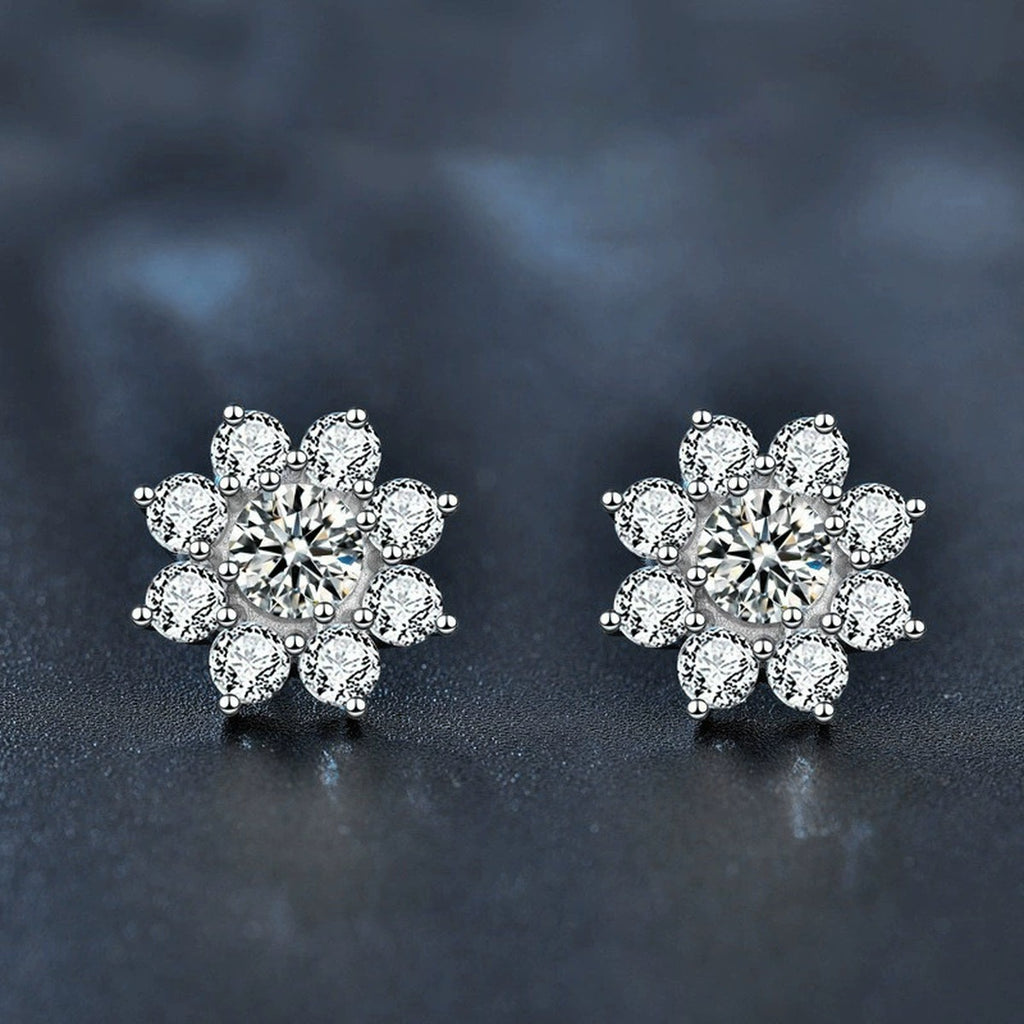 Sunflower Round Moissanite Stud Earrings with CZ in White Gold-Plated S925 sterling silver product scene view showing angled setting detail