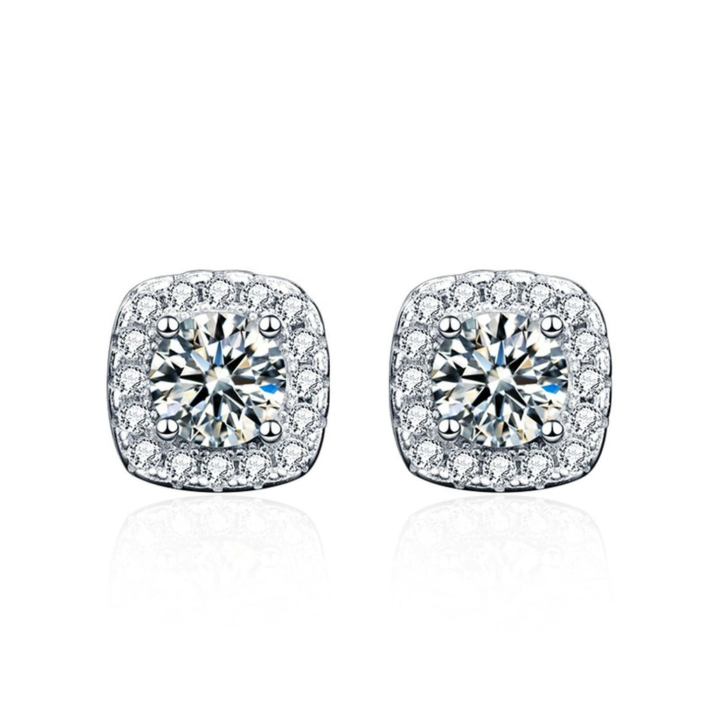 Cushion Halo Round Moissanite Stud Earrings with CZ in Gold-Plated S925 sterling silver product scene view showing front sparkle
