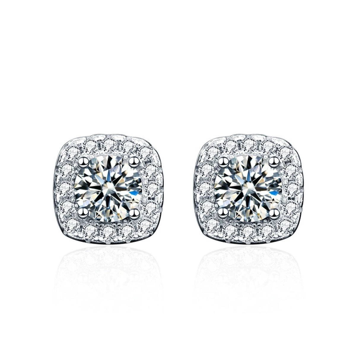 Cushion Halo Round Moissanite Stud Earrings with CZ in Gold-Plated S925 sterling silver product scene view showing front sparkle