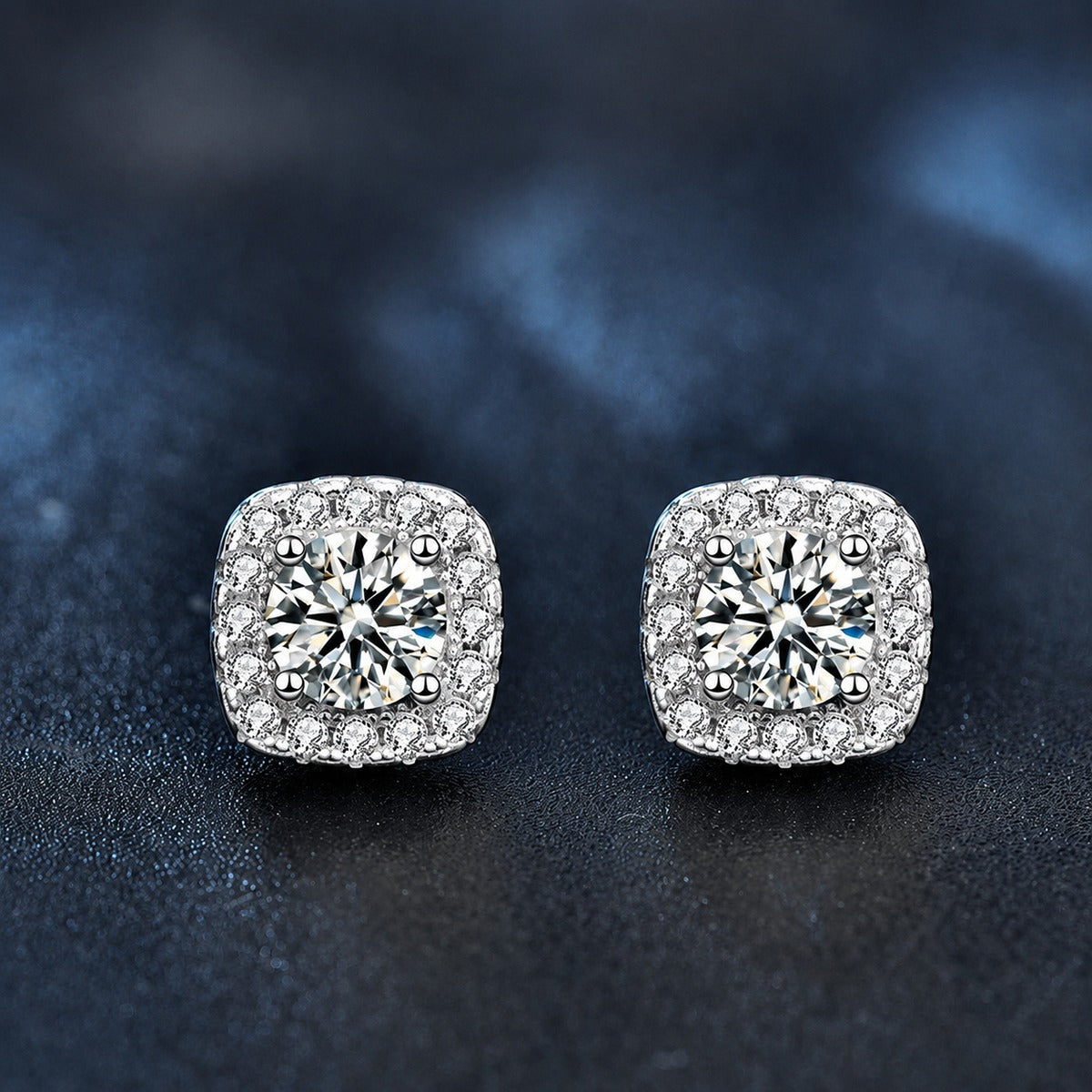 Cushion Halo Round Moissanite Stud Earrings with CZ in Gold-Plated S925 sterling silver product scene view showing angled setting detail
