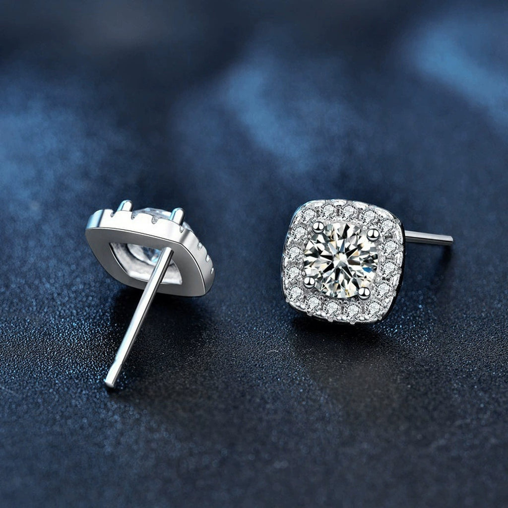 Cushion Halo Round Moissanite Stud Earrings with CZ in Gold-Plated S925 sterling silver product scene view showing side profile