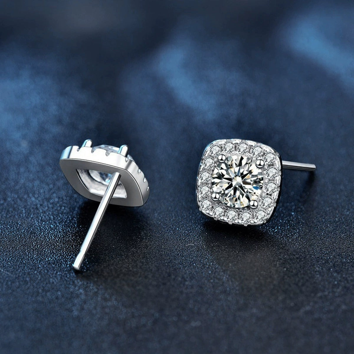 Cushion Halo Round Moissanite Stud Earrings with CZ in Gold-Plated S925 sterling silver product scene view showing side profile