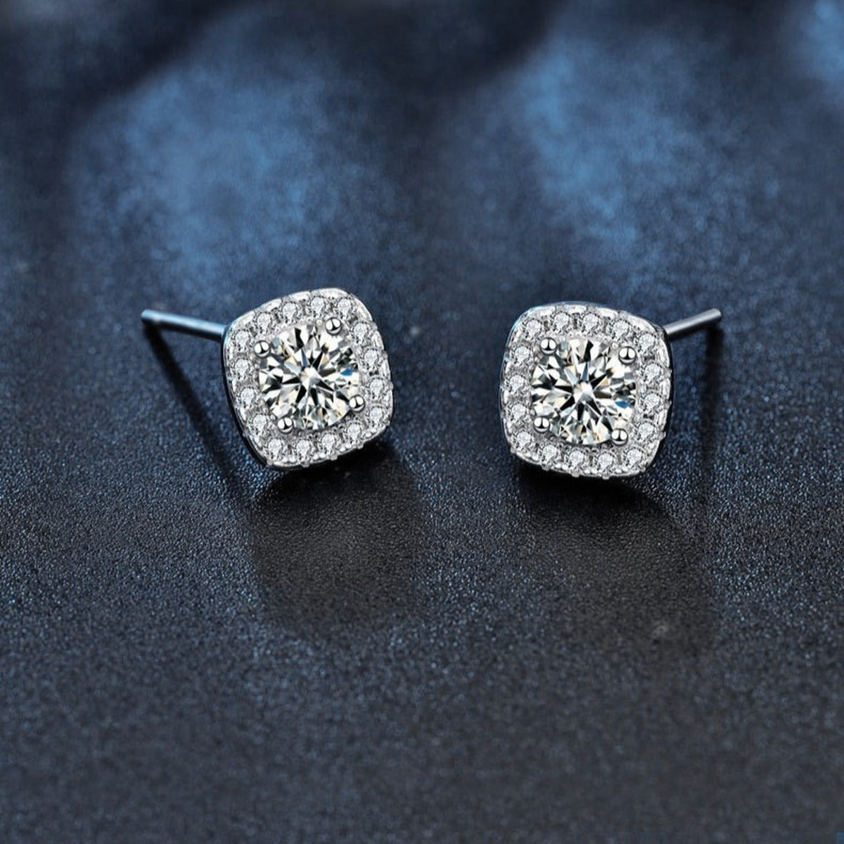 Cushion Halo Round Moissanite Stud Earrings with CZ in Gold-Plated S925 sterling silver product scene view showing pair comparison