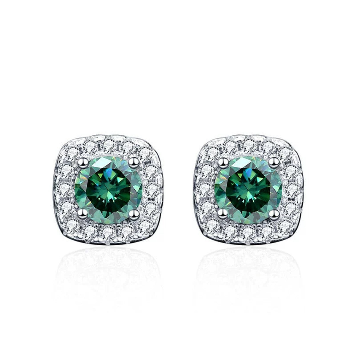 Green round moissanite cushion halo stud earrings with CZ in white gold-plated S925 sterling silver on a white background