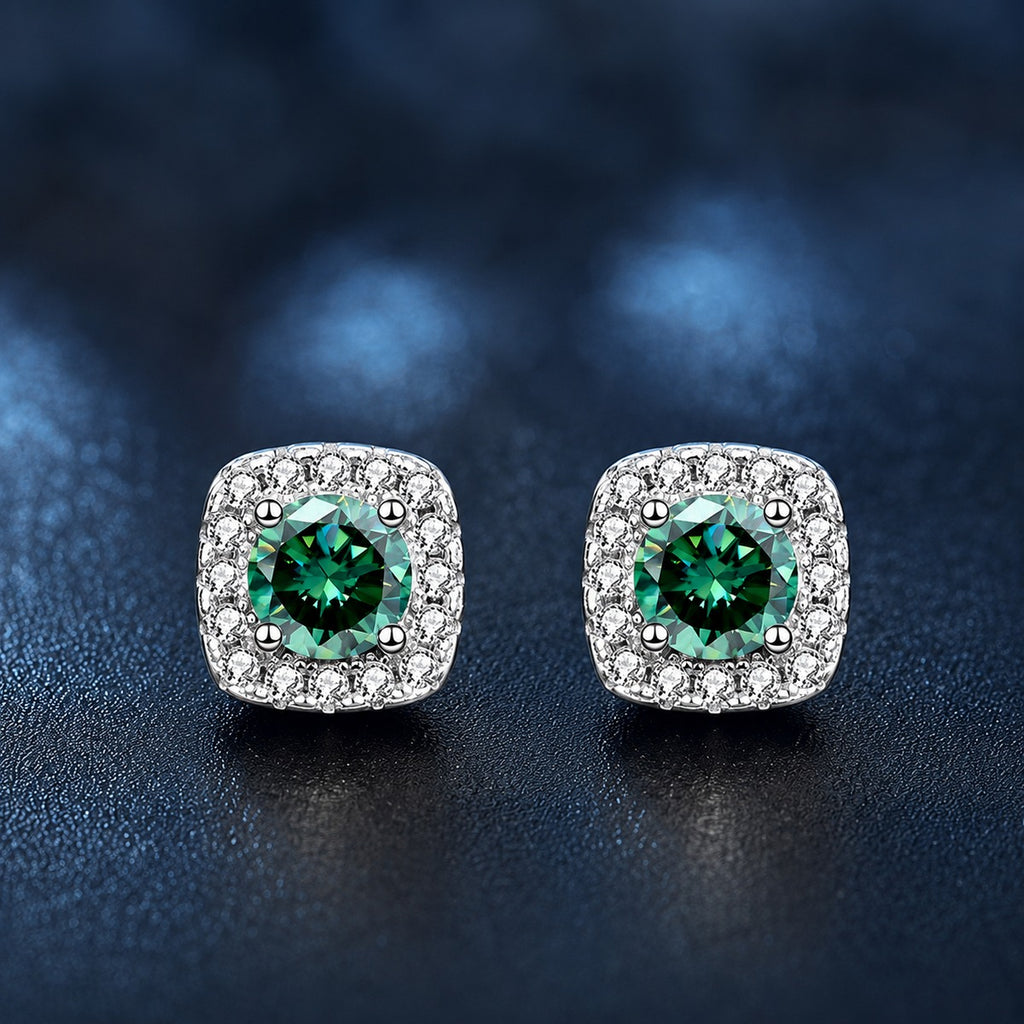 Green round moissanite stud earrings detail view showing the cushion-shaped CZ halo and S925 silver setting