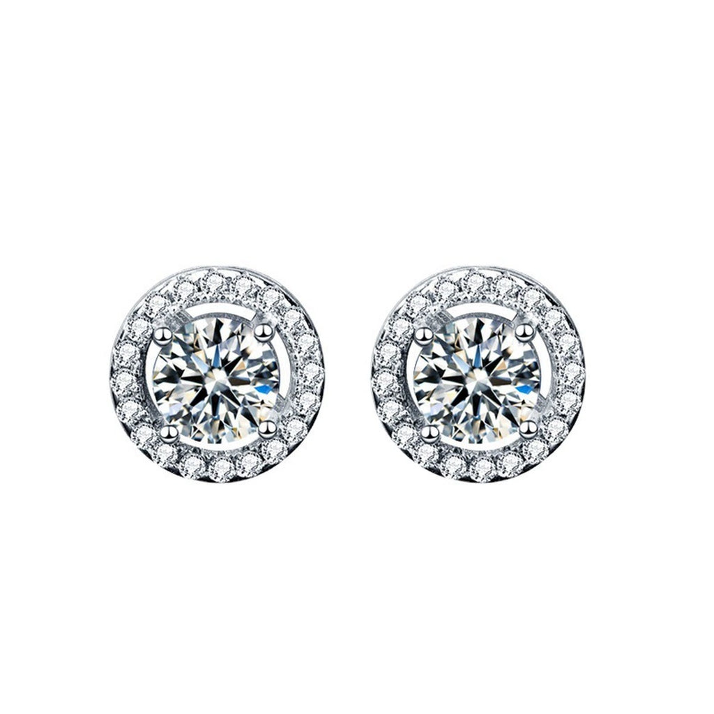 Round Halo Moissanite Stud Earrings with CZ in White Gold-Plated S925 sterling silver white background product photo showing the pair, stone shape, and stud earrings silhouette