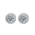 Round Halo Moissanite Stud Earrings with CZ in White Gold-Plated S925 sterling silver white background product photo showing the pair, stone shape, and stud earrings silhouette