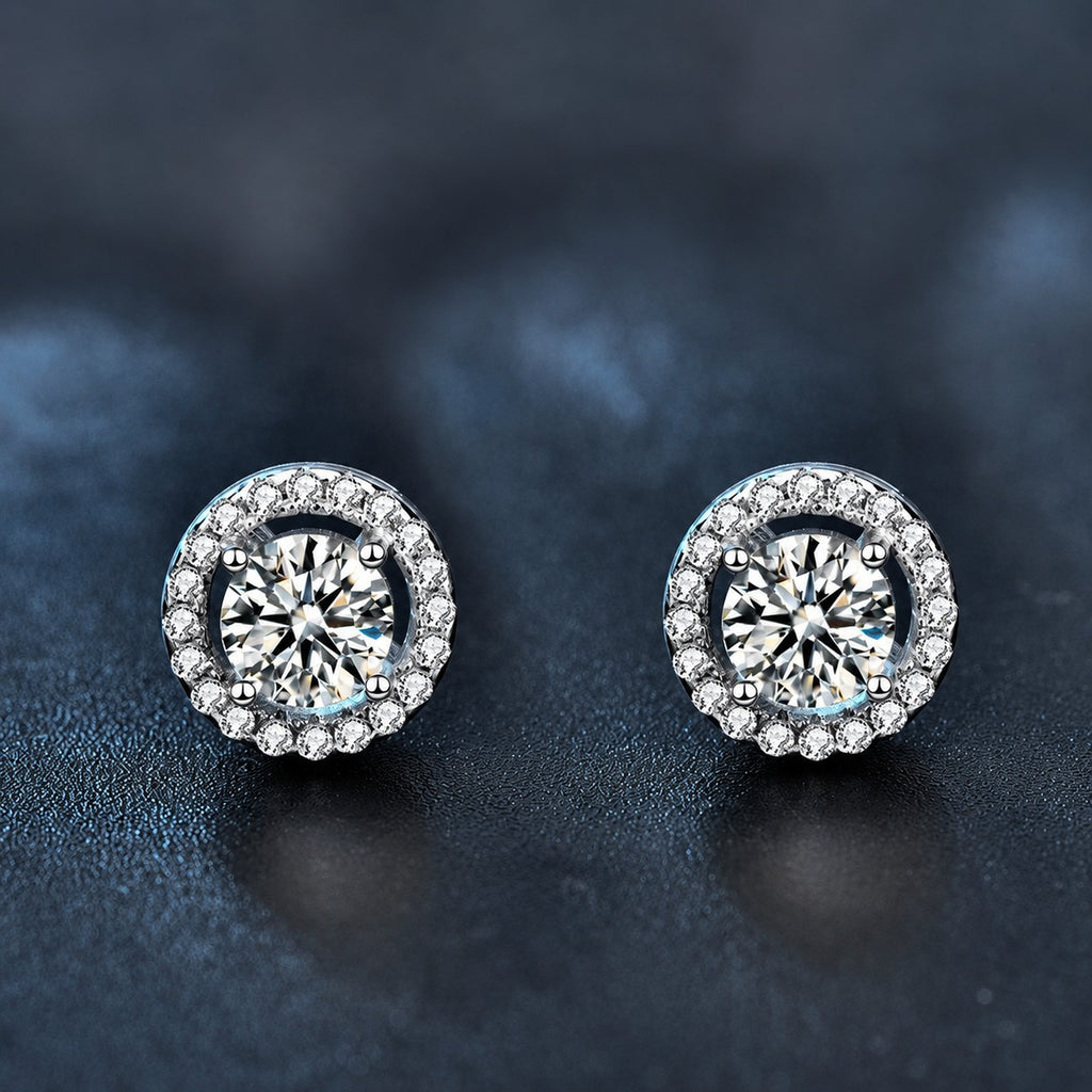 Round Halo Moissanite Stud Earrings with CZ in White Gold-Plated S925 sterling silver product scene view showing front sparkle