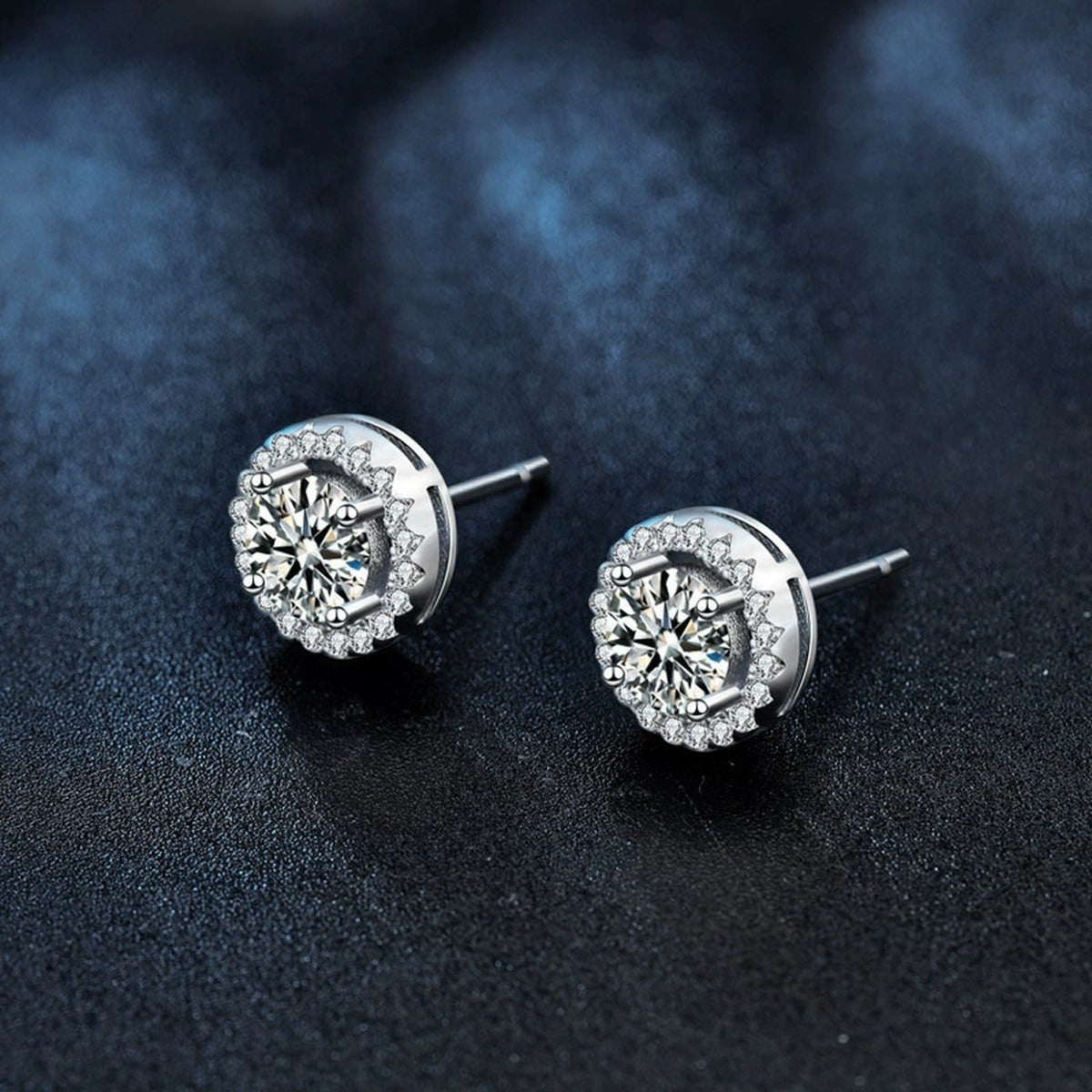 Round Halo Moissanite Stud Earrings with CZ in White Gold-Plated S925 sterling silver product scene view showing angled setting detail