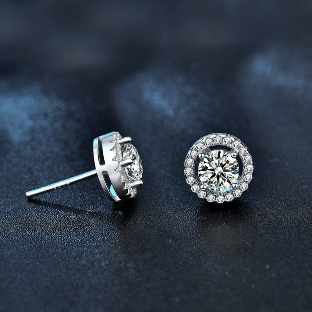 Round Halo Moissanite Stud Earrings with CZ in White Gold-Plated S925 sterling silver product scene view showing side profile