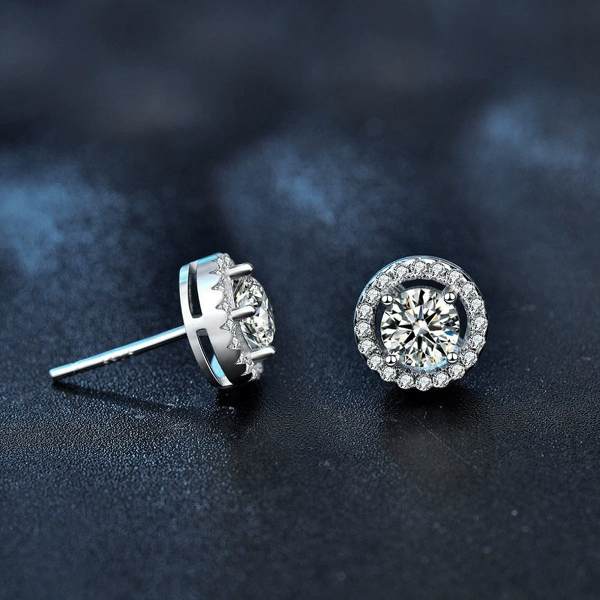 Round Halo Moissanite Stud Earrings with CZ in White Gold-Plated S925 sterling silver product scene view showing side profile