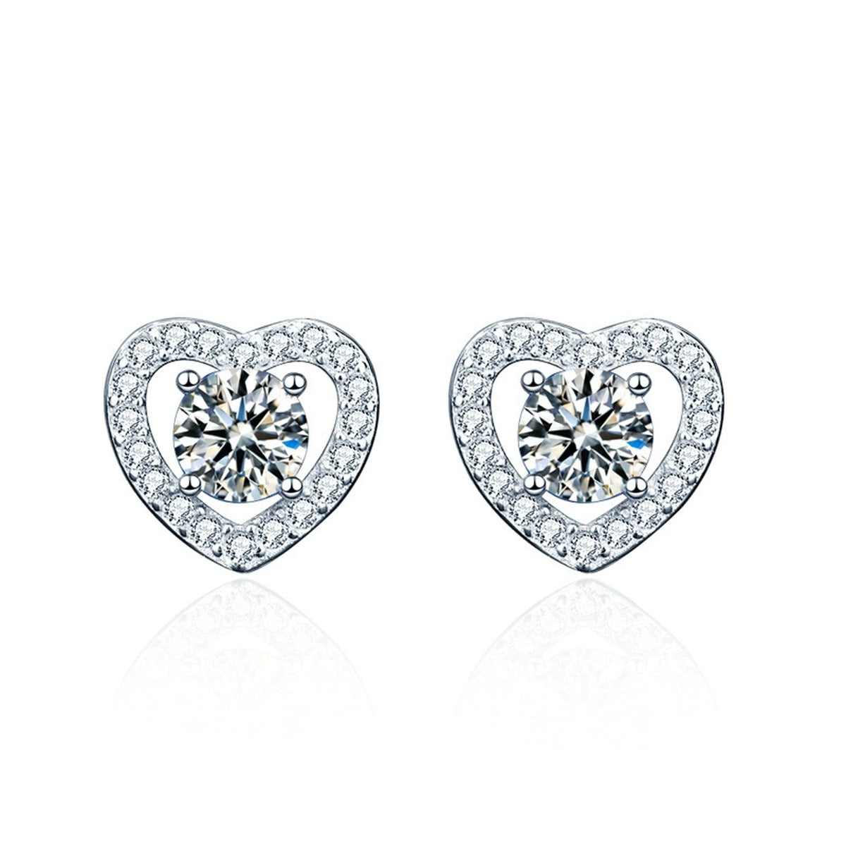 Heart Halo Round Moissanite Stud Earrings with CZ in White Gold-Plated S925 sterling silver white background product photo showing the pair, stone shape, and stud earrings silhouette