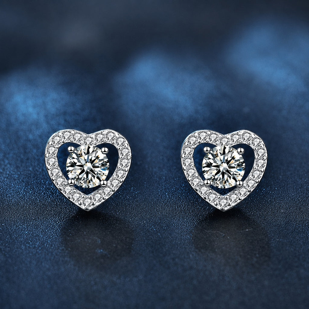 Heart Halo Round Moissanite Stud Earrings with CZ in White Gold-Plated S925 sterling silver product scene view showing front sparkle