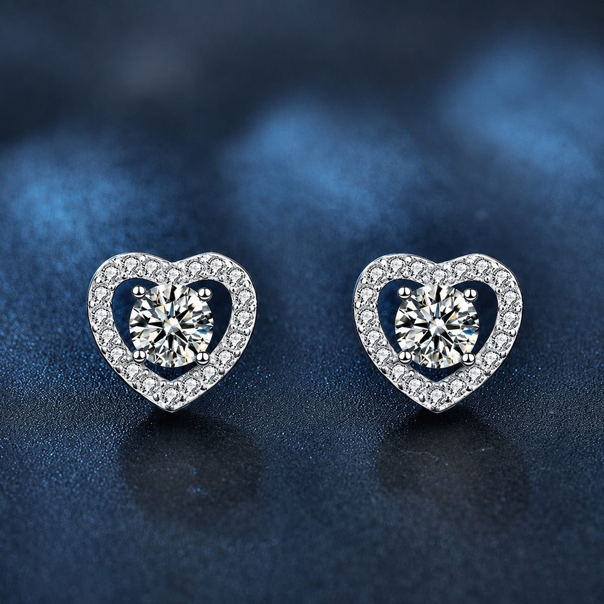 Heart Halo Round Moissanite Stud Earrings with CZ in White Gold-Plated S925 sterling silver product scene view showing front sparkle