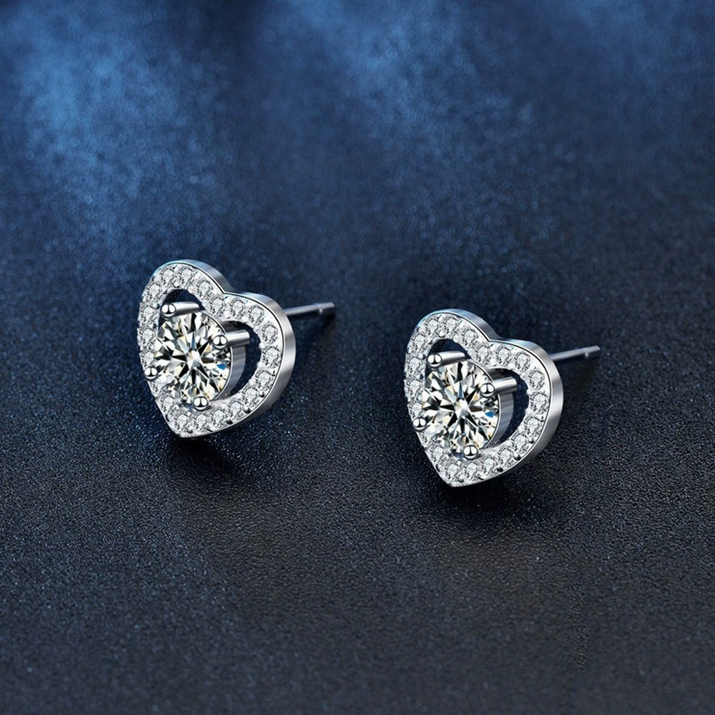 Heart Halo Round Moissanite Stud Earrings with CZ in White Gold-Plated S925 sterling silver product scene view showing angled setting detail