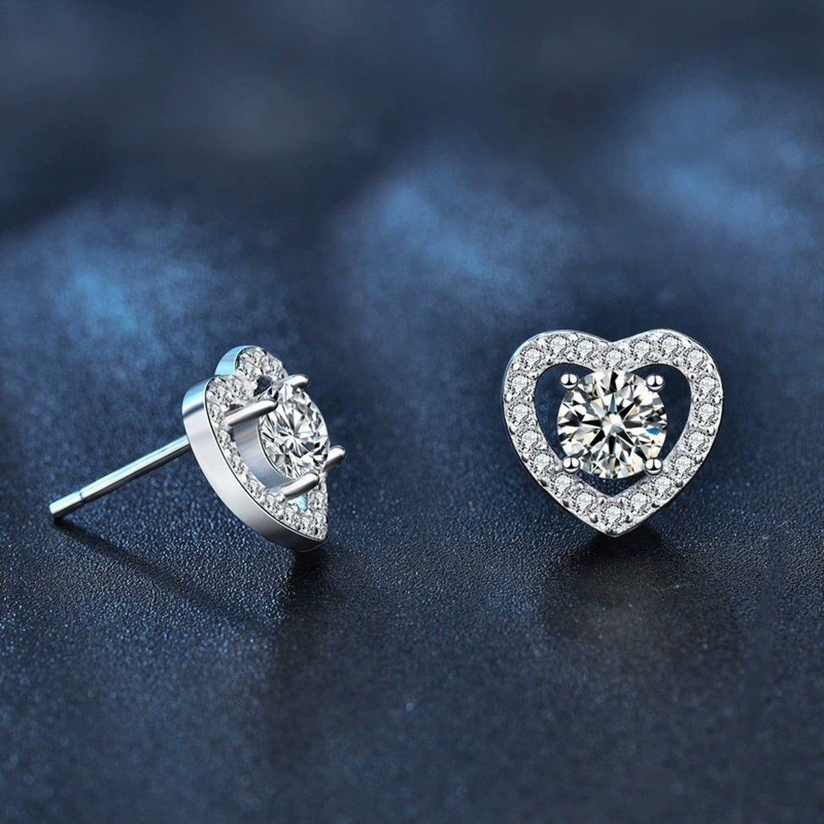 Heart Halo Round Moissanite Stud Earrings with CZ in White Gold-Plated S925 sterling silver product scene view showing side profile