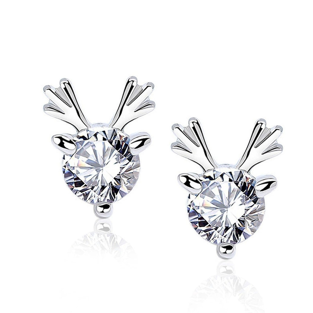 Antler Round Moissanite Stud Earrings in White Gold-Plated S925 sterling silver white background product photo showing the pair, stone shape, and stud earrings silhouette