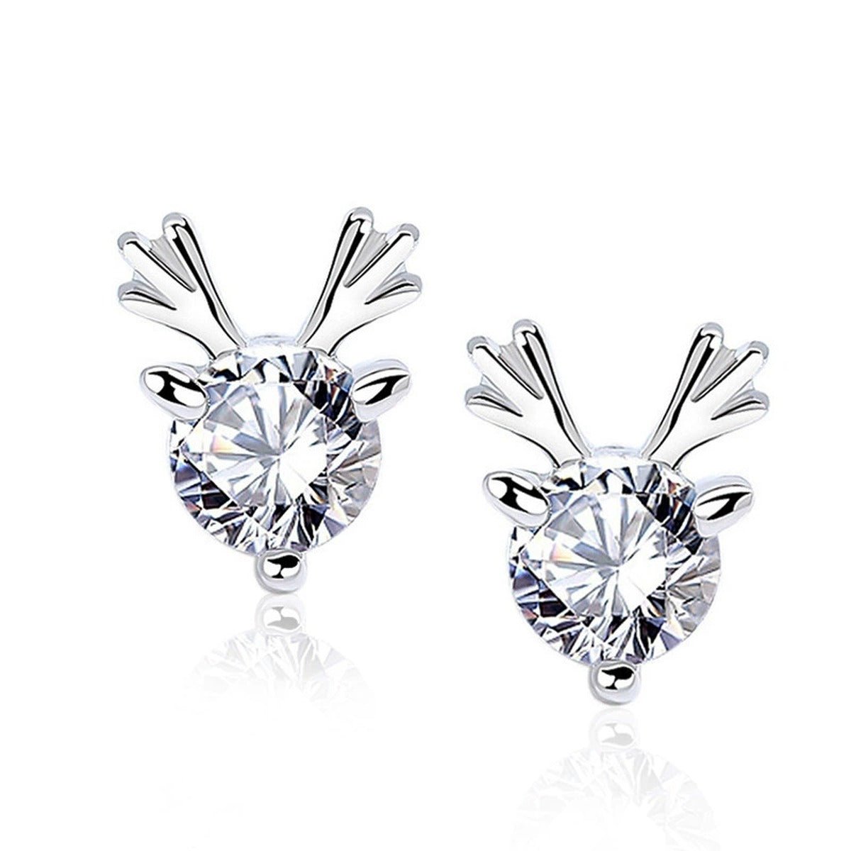 Antler Round Moissanite Stud Earrings in White Gold-Plated S925 sterling silver white background product photo showing the pair, stone shape, and stud earrings silhouette