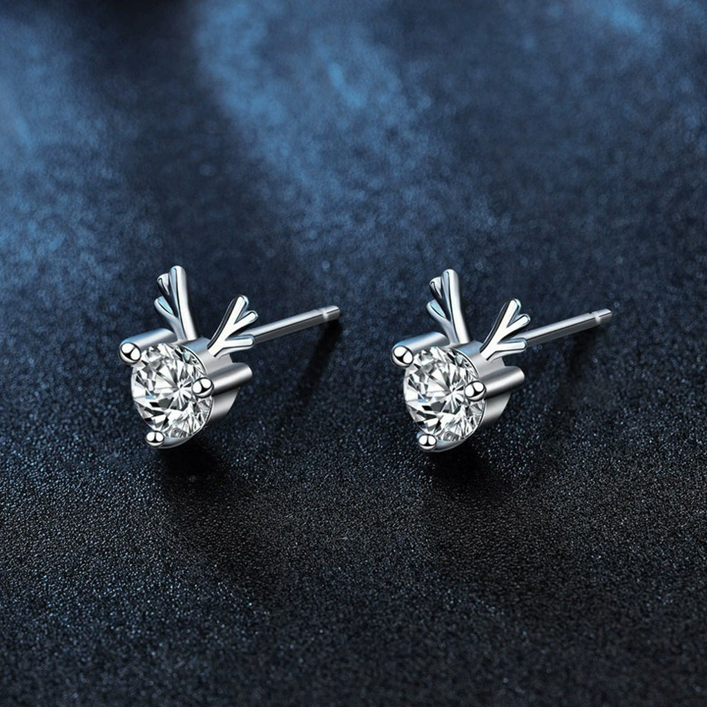 Antler Round Moissanite Stud Earrings in White Gold-Plated S925 sterling silver product scene view showing angled setting detail