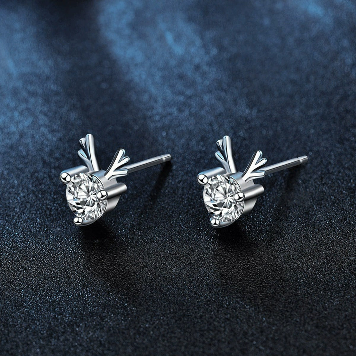 Antler Round Moissanite Stud Earrings in White Gold-Plated S925 sterling silver product scene view showing angled setting detail