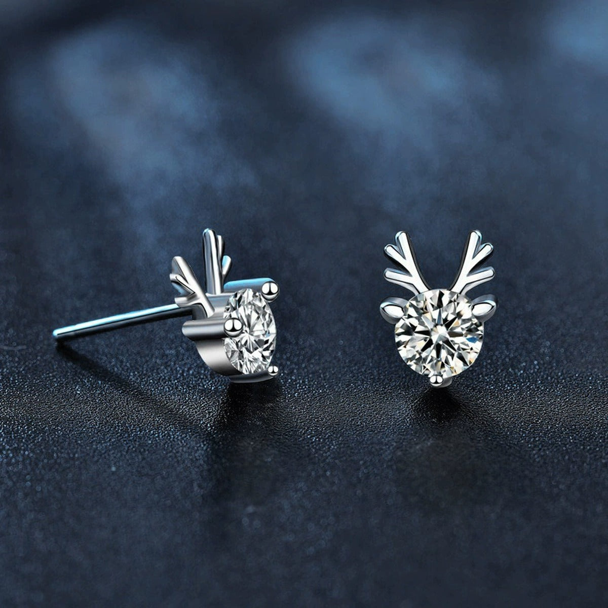Antler Round Moissanite Stud Earrings in White Gold-Plated S925 sterling silver product scene view showing side profile