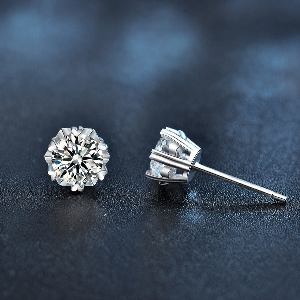 Snowflake Round Moissanite Stud Earrings in Gold-Plated S925 sterling silver product scene view showing angled setting detail