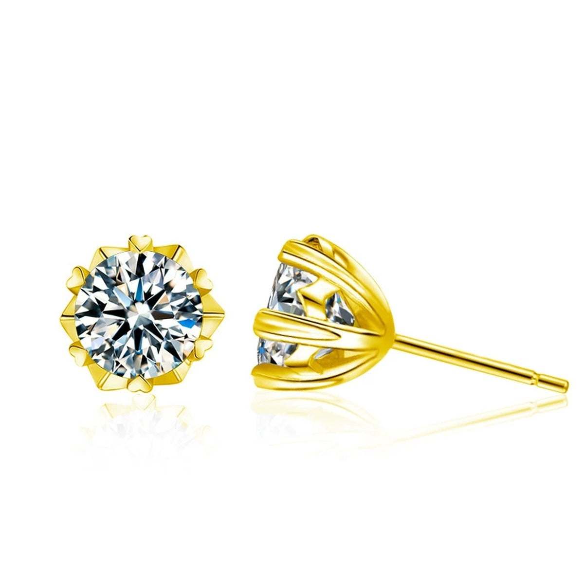 Snowflake Round Moissanite Solitaire Stud Earrings in Gold-Plated S925 sterling silver white background product photo showing the pair, stone shape, and stud earrings silhouette
