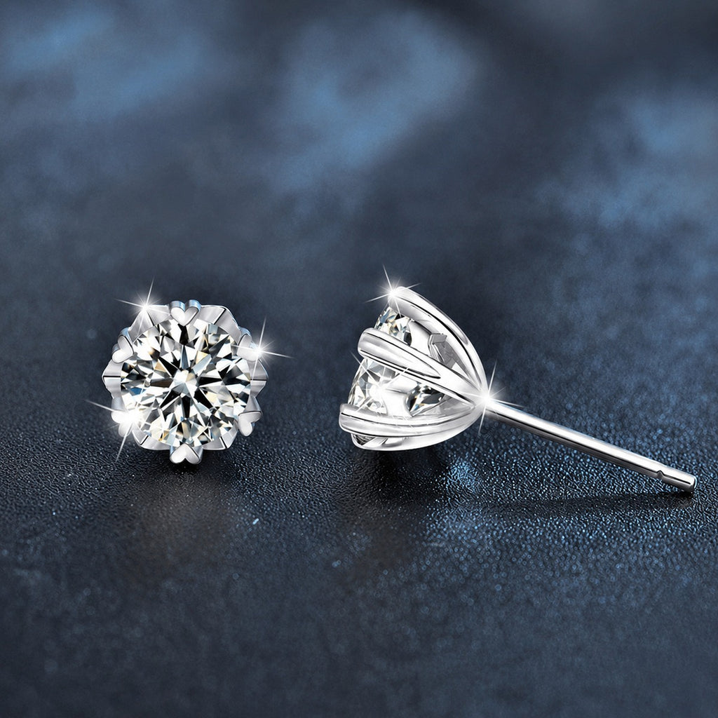Snowflake Round Moissanite Solitaire Stud Earrings in Gold-Plated S925 sterling silver product scene view showing angled setting detail
