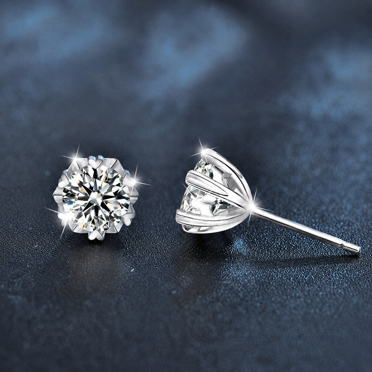 Snowflake Round Moissanite Solitaire Stud Earrings in Gold-Plated S925 sterling silver product scene view showing angled setting detail