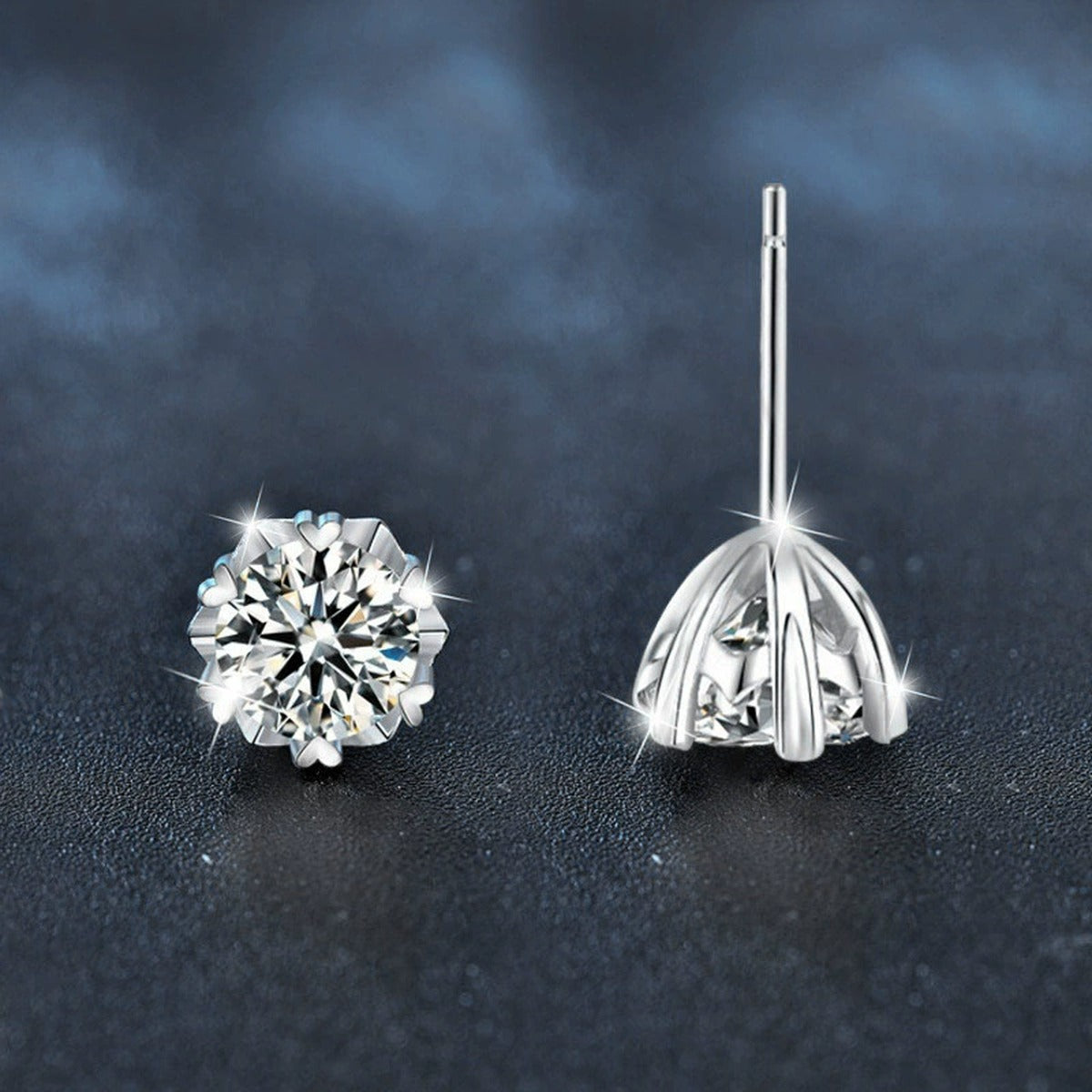 Snowflake Round Moissanite Solitaire Stud Earrings in Gold-Plated S925 sterling silver product scene view showing pair comparison