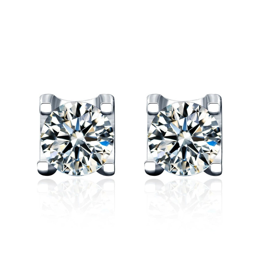 Four-Prong Round Moissanite Stud Earrings in White Gold-Plated S925 sterling silver white background product photo showing the pair, stone shape, and stud earrings silhouette