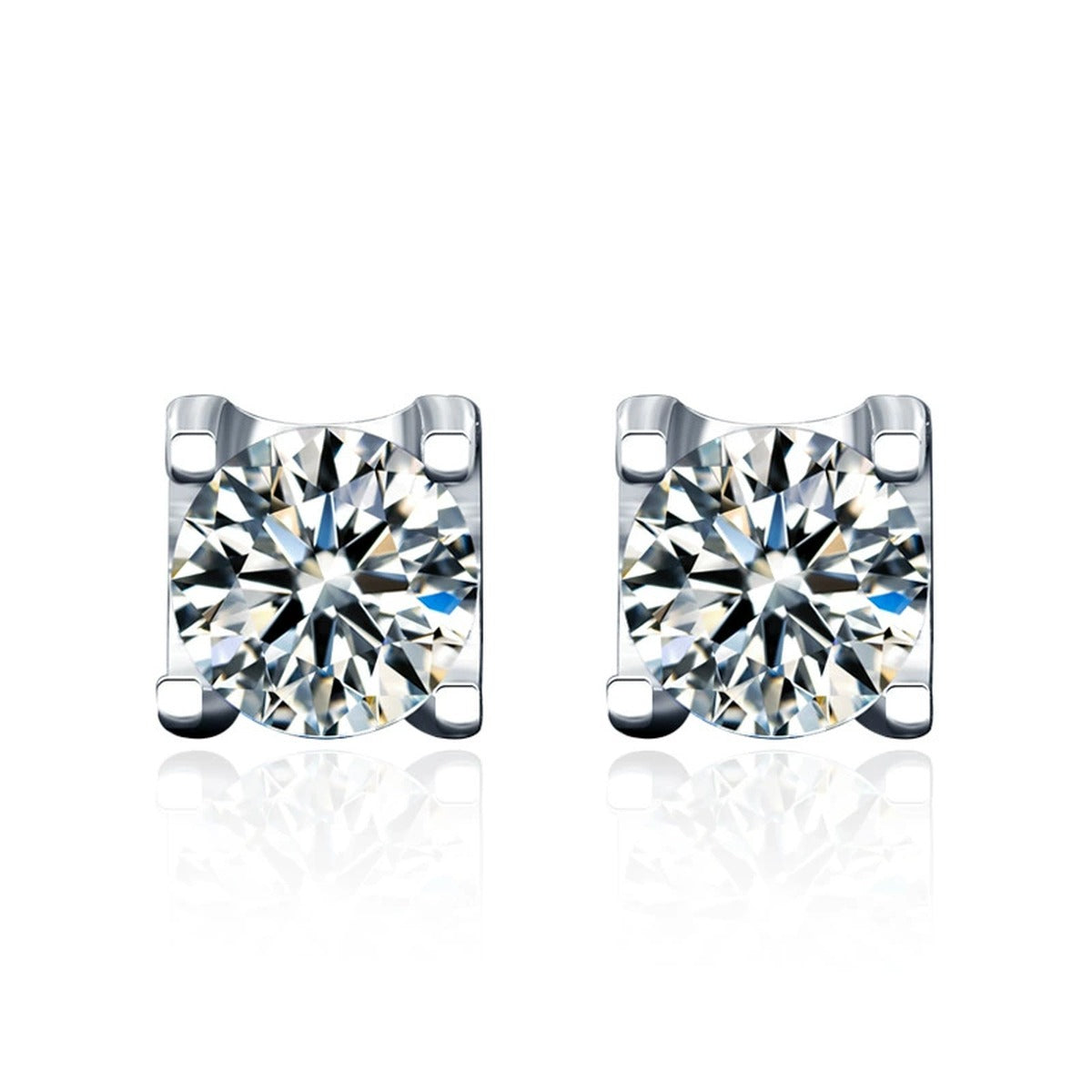 Four-Prong Round Moissanite Stud Earrings in White Gold-Plated S925 sterling silver white background product photo showing the pair, stone shape, and stud earrings silhouette