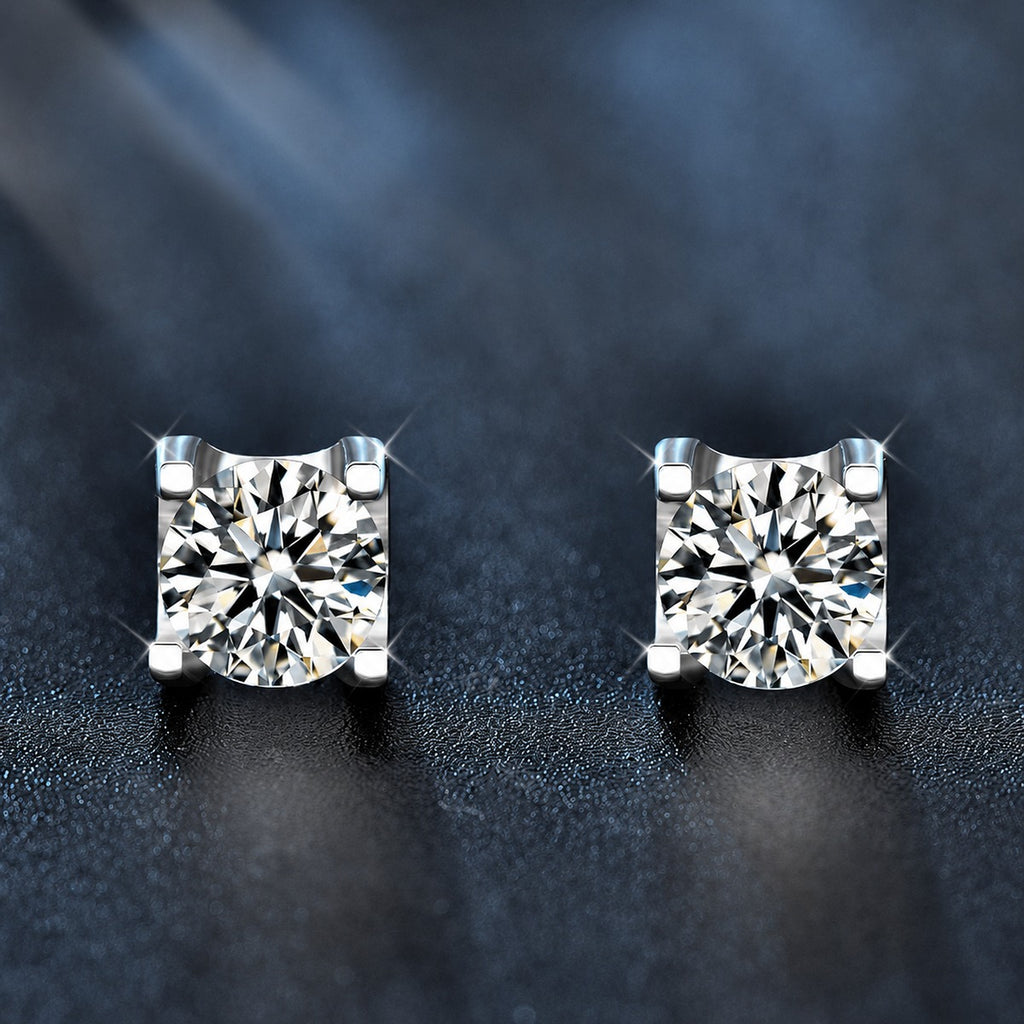 Four-Prong Round Moissanite Stud Earrings in White Gold-Plated S925 sterling silver product scene view showing front sparkle