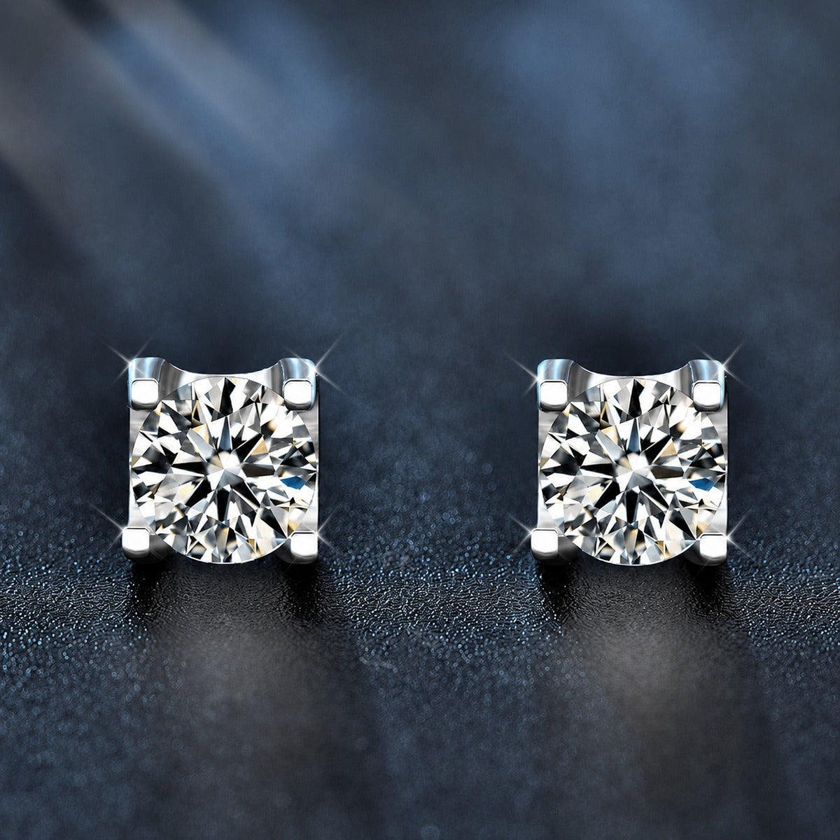 Four-Prong Round Moissanite Stud Earrings in White Gold-Plated S925 sterling silver product scene view showing front sparkle